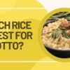 A graphic with the question "Which Rice is Best for Risotto?" next to a small cast-iron skillet of creamy mushroom risotto garnished with rosemary.